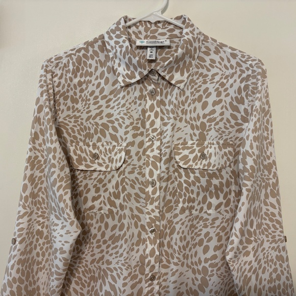 Coolibar Women's UPF 50+ Tab-Sleeve Button-Front Tunic Shirt Top M Khaki Print - Picture 3 of 12